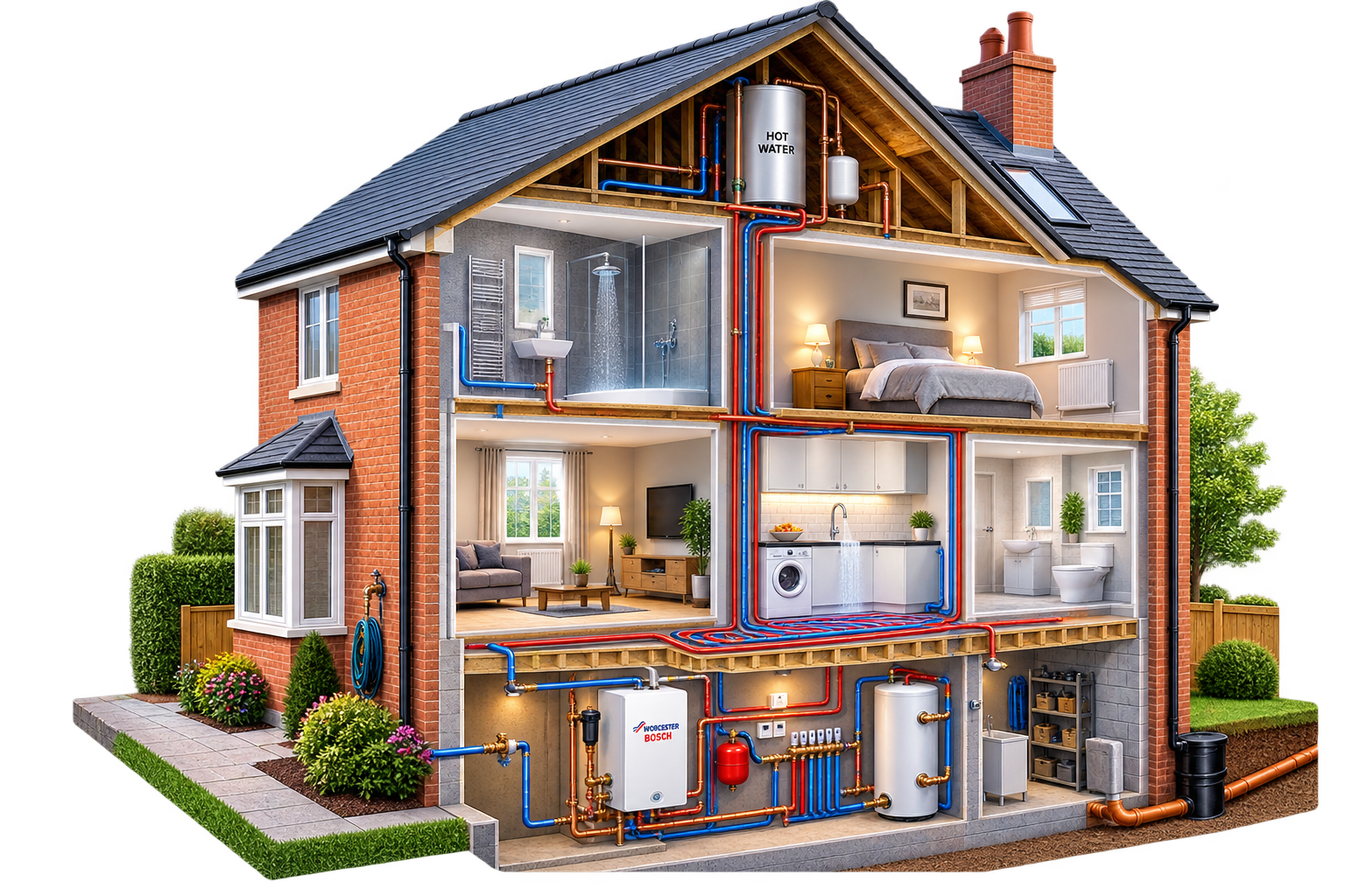 Cut-away house showing plumbing and heating systems